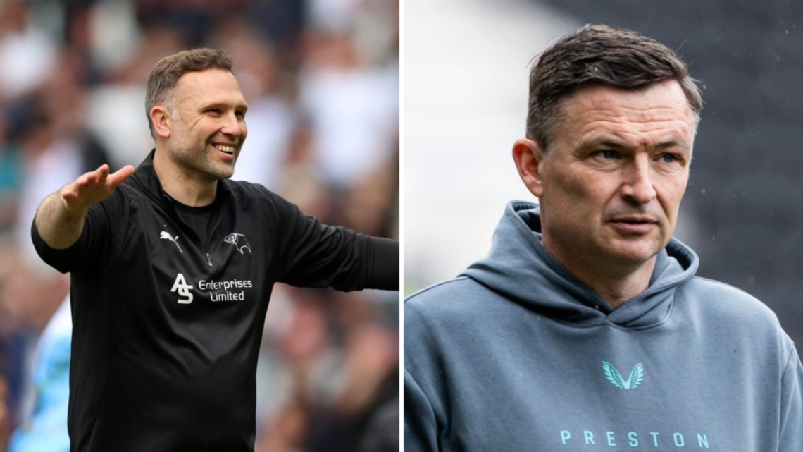 Left, John Eustace, Manager of Derby County, celebrates avoiding relegation after Derby County draw 0-0 with Stoke City in the Sky Bet Championship...
