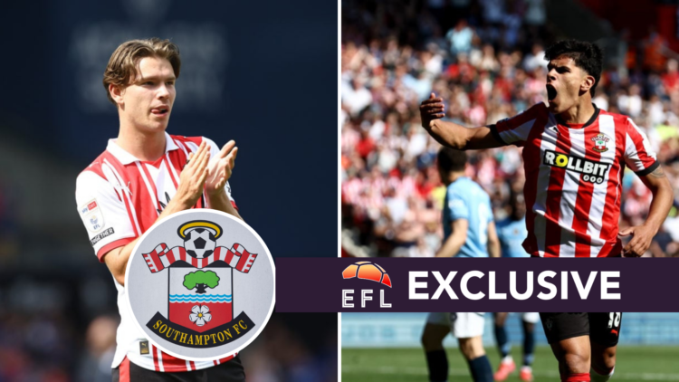 Left, Tyler Dibling of Southampton during the Sky Bet Championship match between Ipswich Town and Southampton at Portman Road. Right, Mateus Fernan...