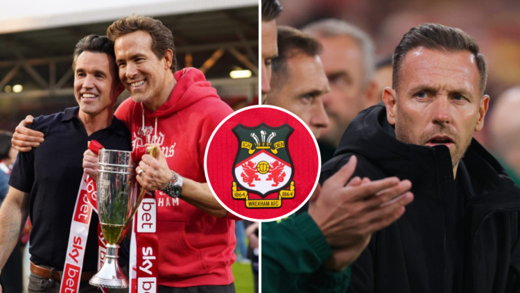 Left, Rob McElhenney and Ryan Reynolds, co-owners of Wrexham AFC, pose for a photo with the trophy following the club's promotion to the Sky Bet Ch...