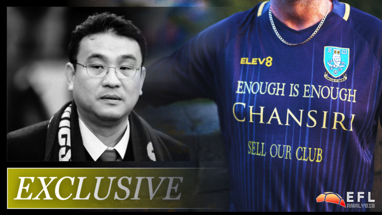 Split image of Depjhon Chansiri and a protesting Sheffield Wednesday fan