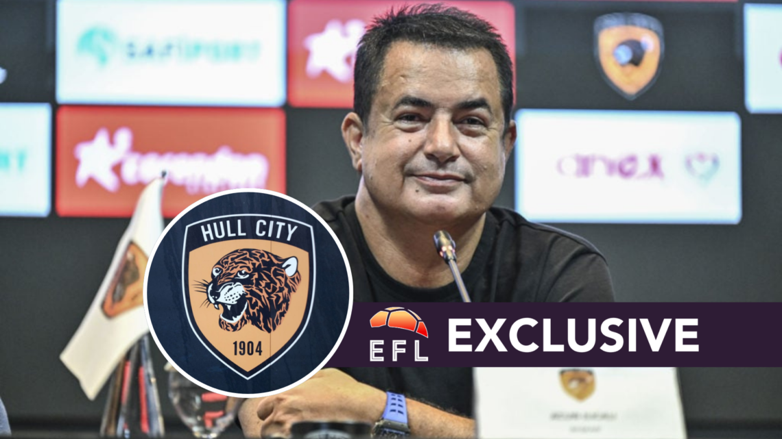 Hull City owner Acun Illicali during a press conference. Inset, the Hull City FC badge and overlaid, the EFL Analysis exclusive banner.