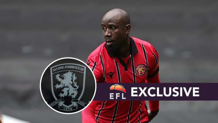 Walsall star Albert Adomah. Inset, Middlesbrough badge. Overlaid, exclusive branding.