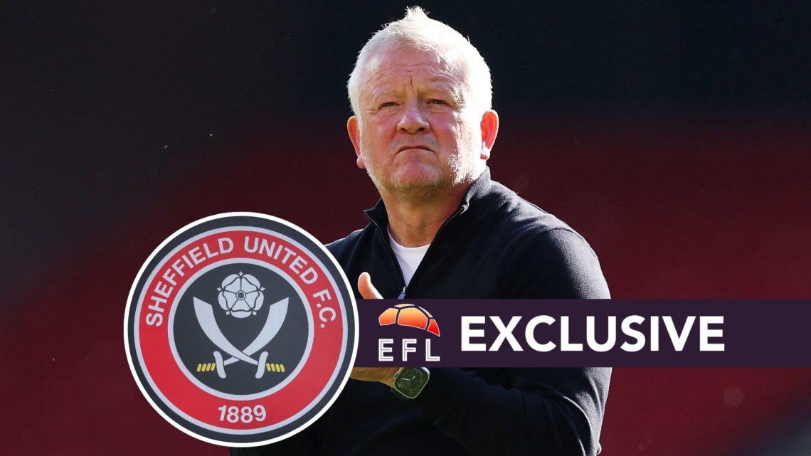 Chris Wilder, Manager of Sheffield United, applauds the fans. Inset, Sheffield United badge. Overlaid, EFL Analysis exclusive banner