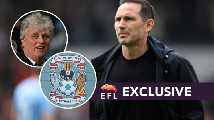 Coventry City manager Frank Lampard. Inset, Coventry City owner Doug King, and the Coventry City FC badge. Overlaid, the EFL Analysis exclusive ban...