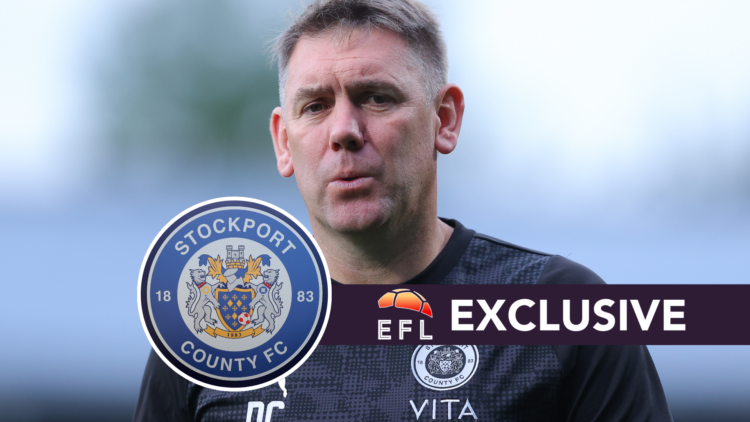 Stockport County manager Dave Challinor. Inset, Stockport County badge. Overlaid, exclusive branding.