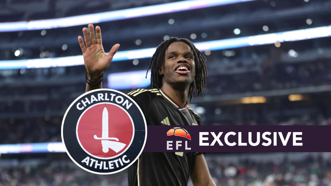 Jamaican star Dexter Lembikisa. Inset, Charlton Athletic badge. Overlaid, Exclusive branding.