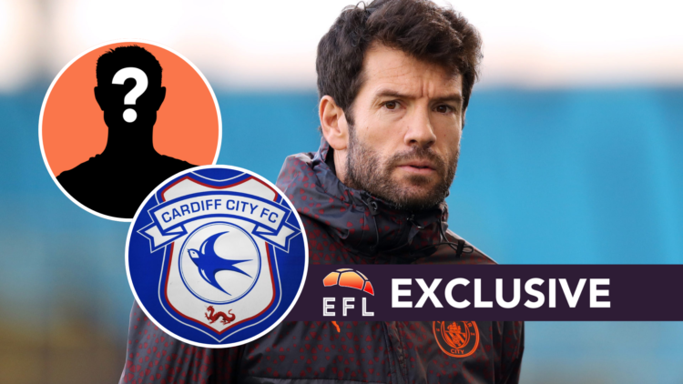 Cardiff City manager Brian Barry-Murphy. Inset, the Cardiff City FC badge, and a mystery player. Overlaid, the EFL Analysis exclusive banner.