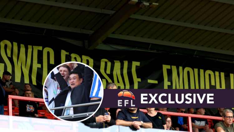 Sheffield Wednesday fans put up a protest banner at Wrexham reading 'SWFC FOR SALE' (main) with Dejphon Chansiri lifting the play-off final trophy ...