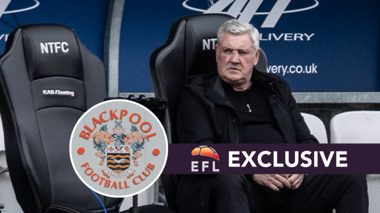 Steve Bruce sits in the dug out at Notts County as manager of Blackpool (main) and Blackpool badge (inset)3