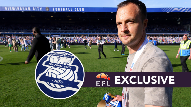 Chris Davies smiles with the League One trophy after Birmingham City's win over Mansfield Town (main) with Birmingham City badge (inset)