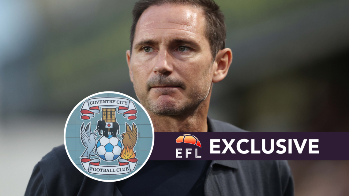 Coventry City manager Frank Lampard. Inset, club badge. Overlaid, exclusive branding.