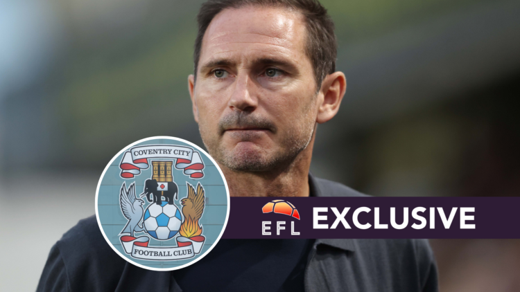 Coventry City manager Frank Lampard. Inset, club badge. Overlaid, exclusive branding.