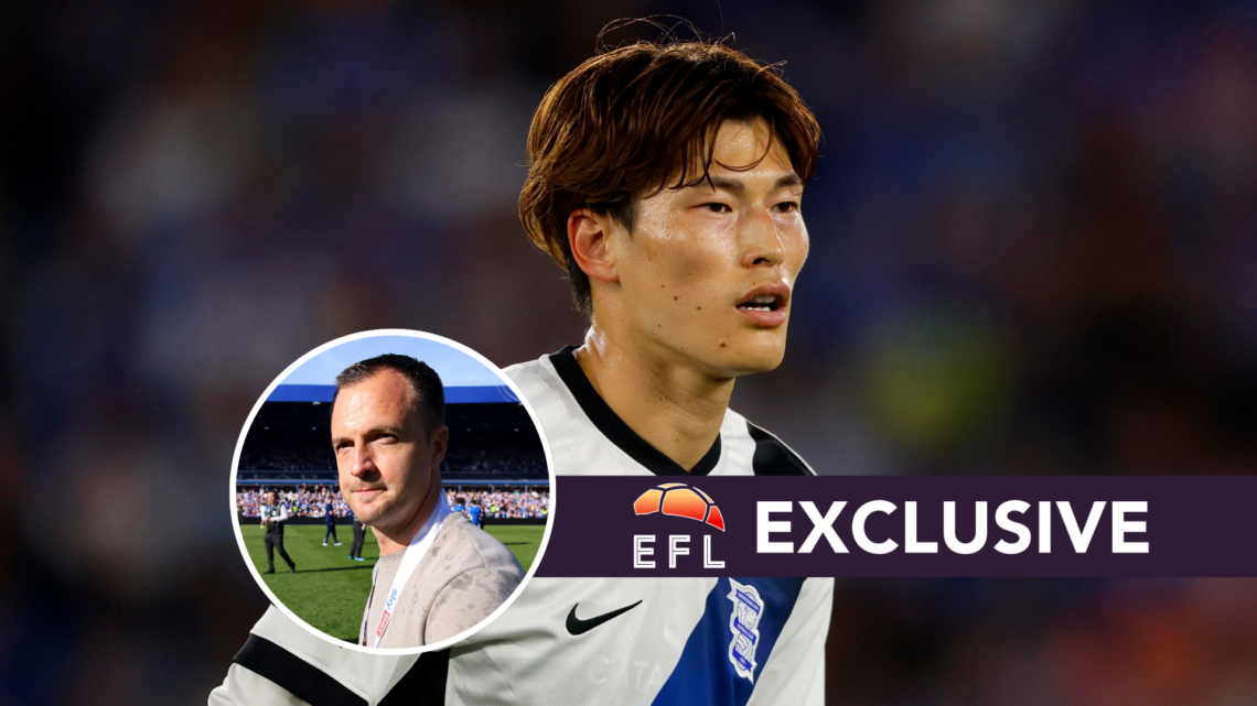 Kyogo Furuhashi looks up the pitch while playing for Birmingham (main) and Chris Davies smiles after winning League One (inset)
