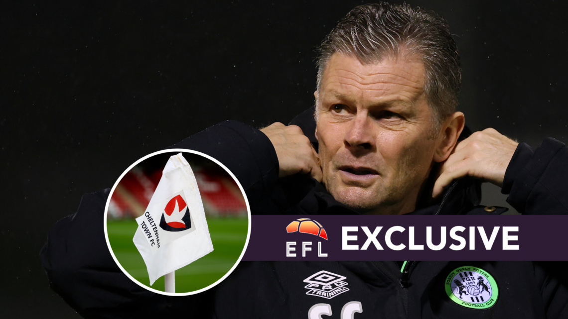 Steve Cotterill pulls up his collar while managing Forest Green Rovers (main) and Cheltenham Town corner flag (inset)