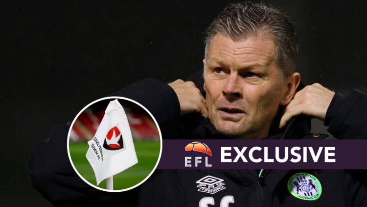 Steve Cotterill pulls up his collar while managing Forest Green Rovers (main) and Cheltenham Town corner flag (inset)