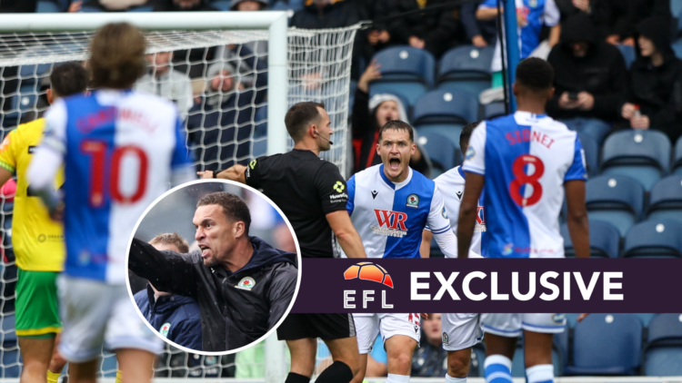 Blackburn Rovers players complain to the referee against Norwich City (main) and Blackburn Rovers manager Valerien Ismael fumes with his hand outst...