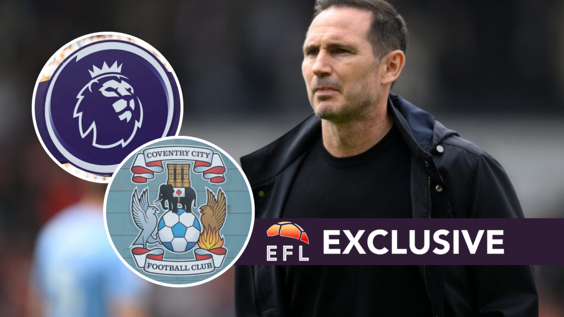 Coventry City FC head coach Frank Lampard before a Championship game. Inset, the Premier League logo and the Coventry City FC badge. Overlaid, the ...
