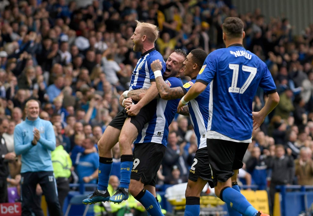 Barry Bannan and Steven Fletcher celebrate for Sheffield Wednesday against Stoke City