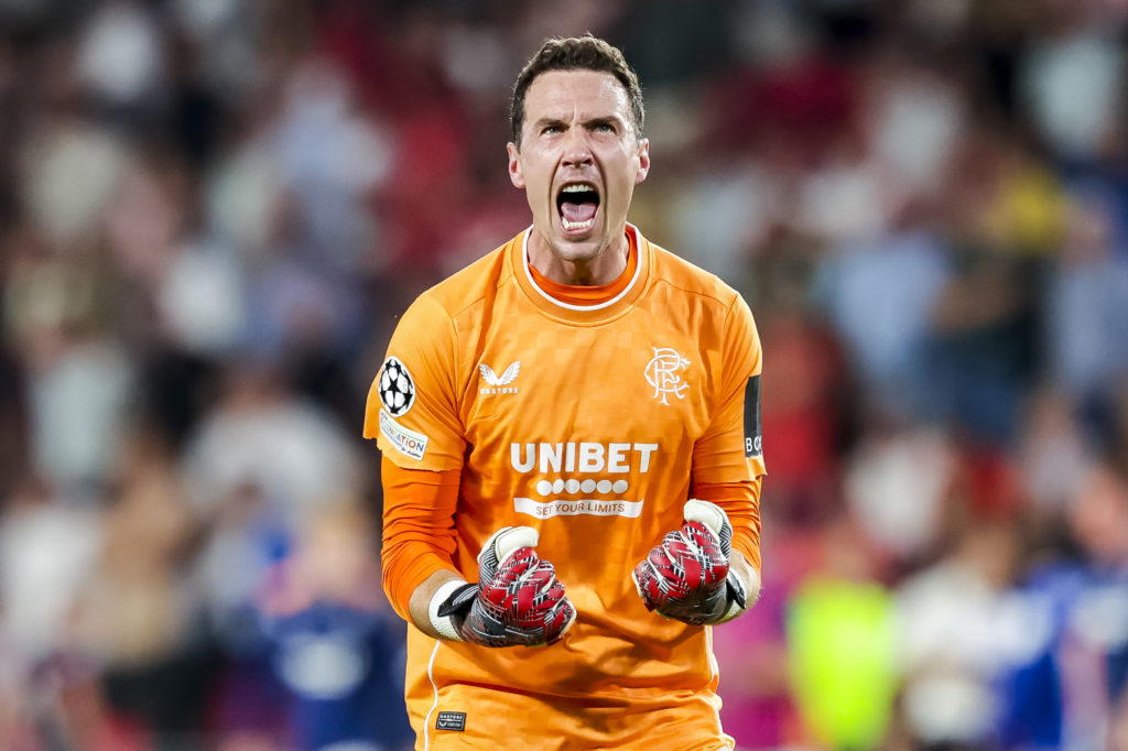 Jon McLaughlin celebrates during PSV Eindhoven vs Rangers in a UEFA Champions League clash