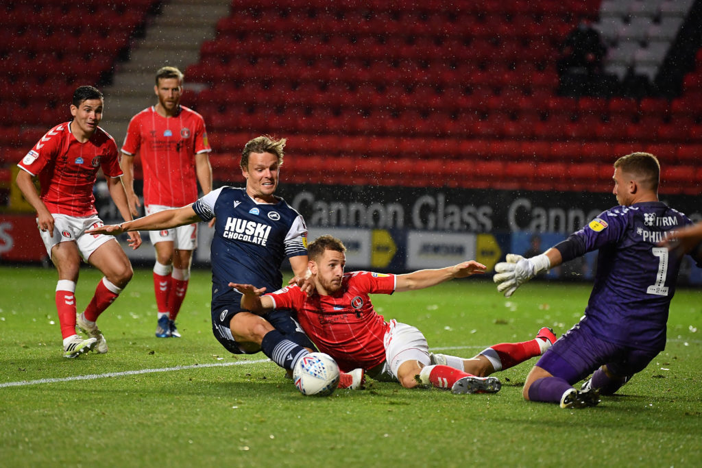 Matt Smith has a shot against Charlton for Millwall at The Valley in 2020