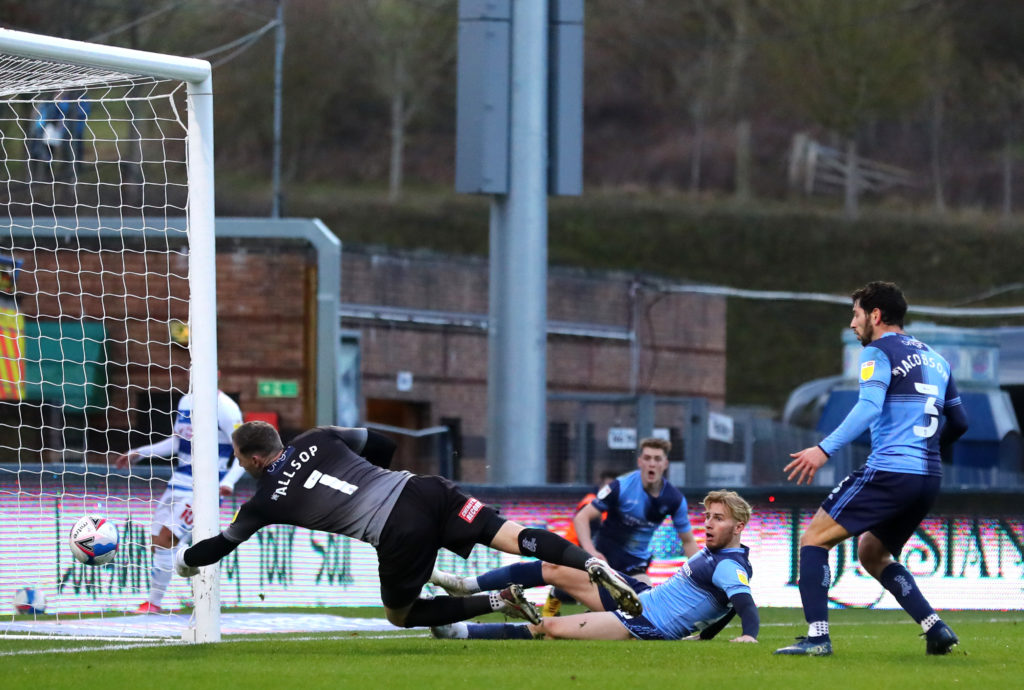 Jason McCarthy of Wycombe Wanderers scoring an own goal for QPR in the Championship