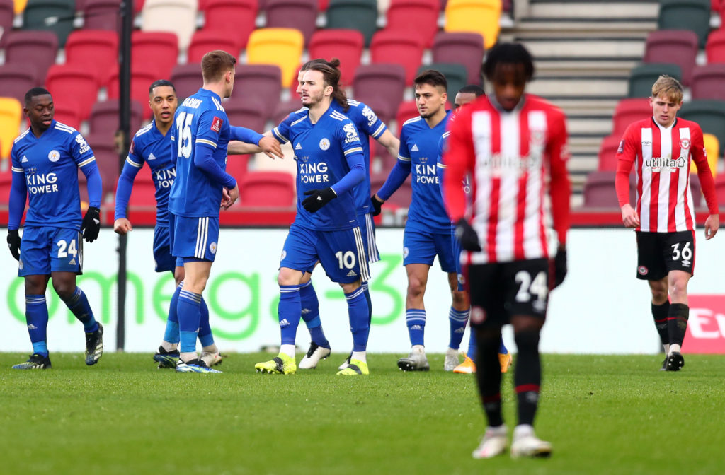 James Maddison and Cengiz Under celebrate during Brentford v Leicester City: The Emirates FA Cup Fourth Round
