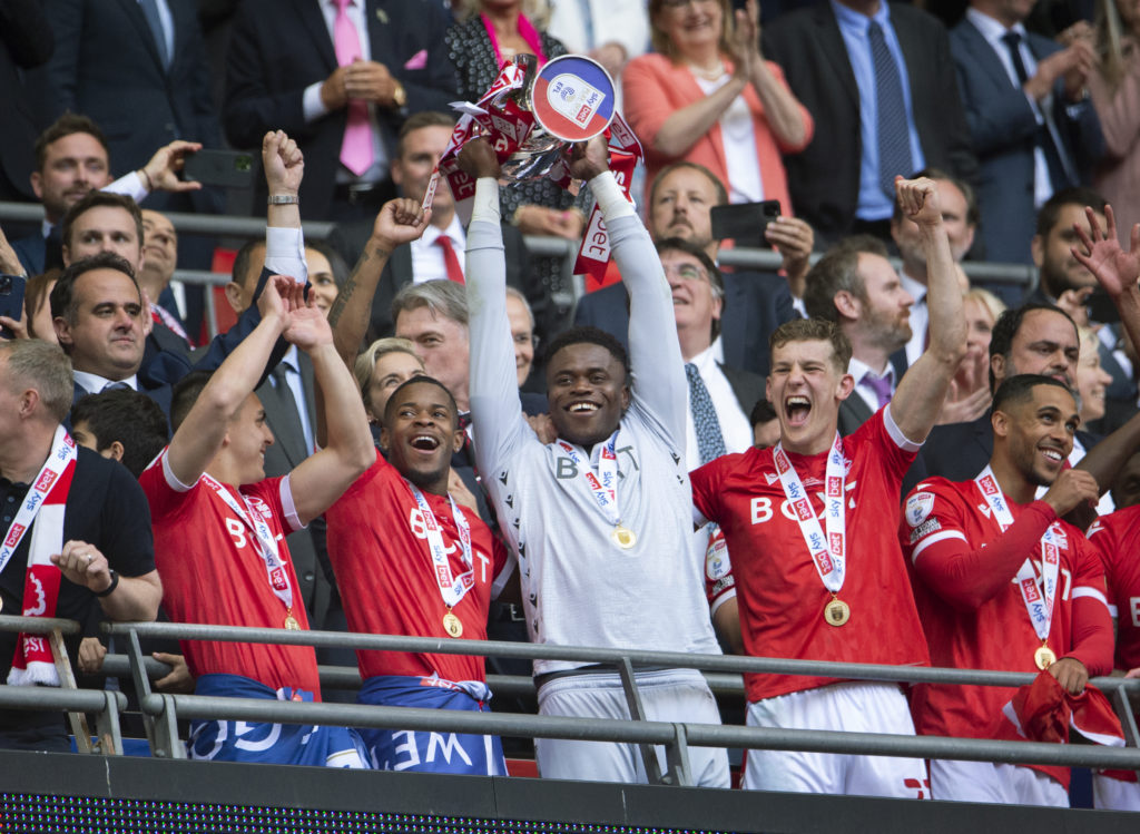 Brice Samba celebrates after Huddersfield Town v Nottingham Forest - Sky Bet Championship Play-Off Final