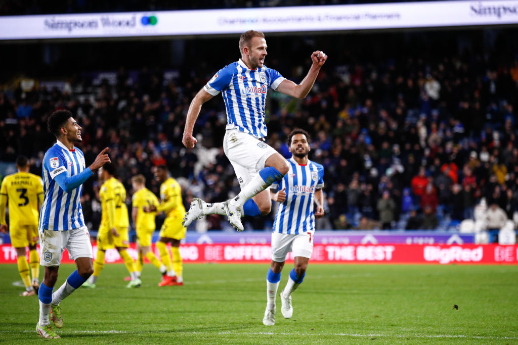 Jordan Rhodes of Huddersfield Town celebrates his goal to make it 2-0 against Rotherham United