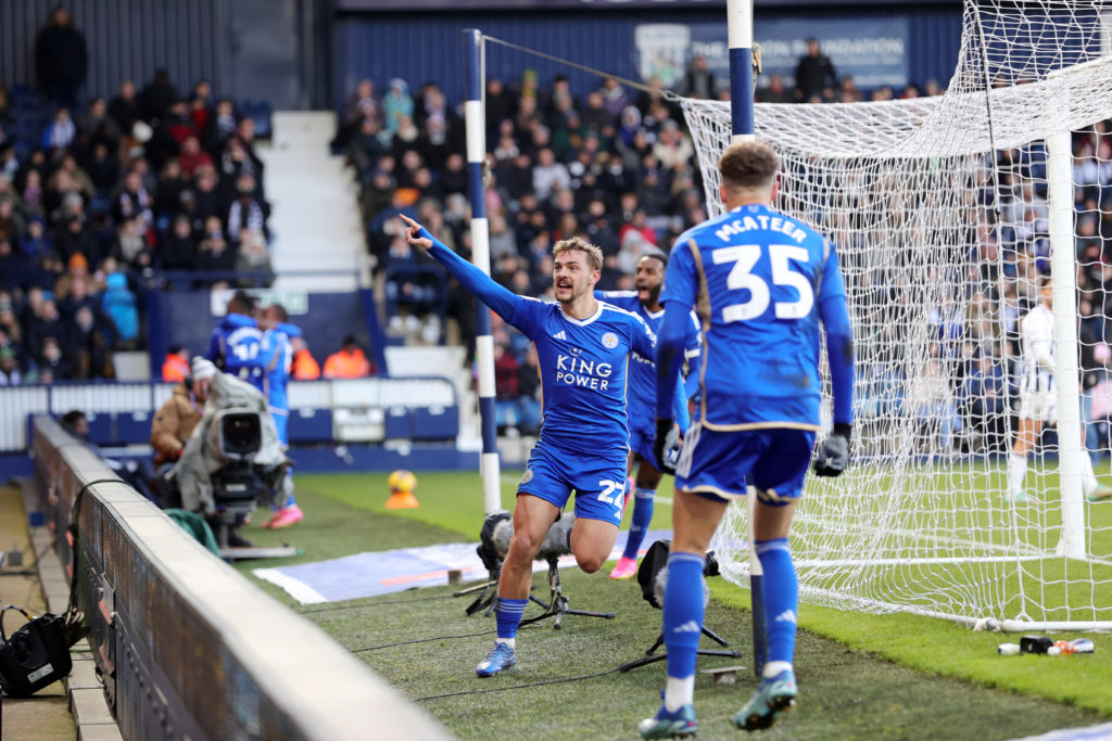 Kiernan Dewsbury-Hall celebrates his goal for Leicester against WBA