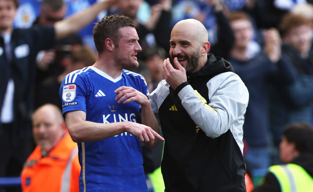 Jamie Vardy and Enzo Maresca celebrate together after a Leicester City win