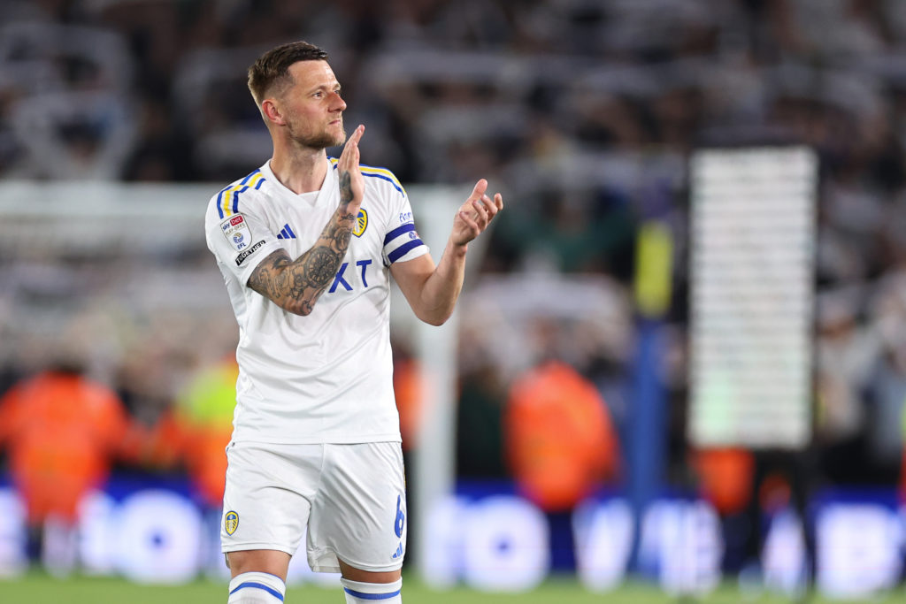 Liam Cooper of Leeds United applauds the fans at full time during the Sky Bet Championship Play-Off Semi-Final 2nd Leg match between Leeds United and Norwich City