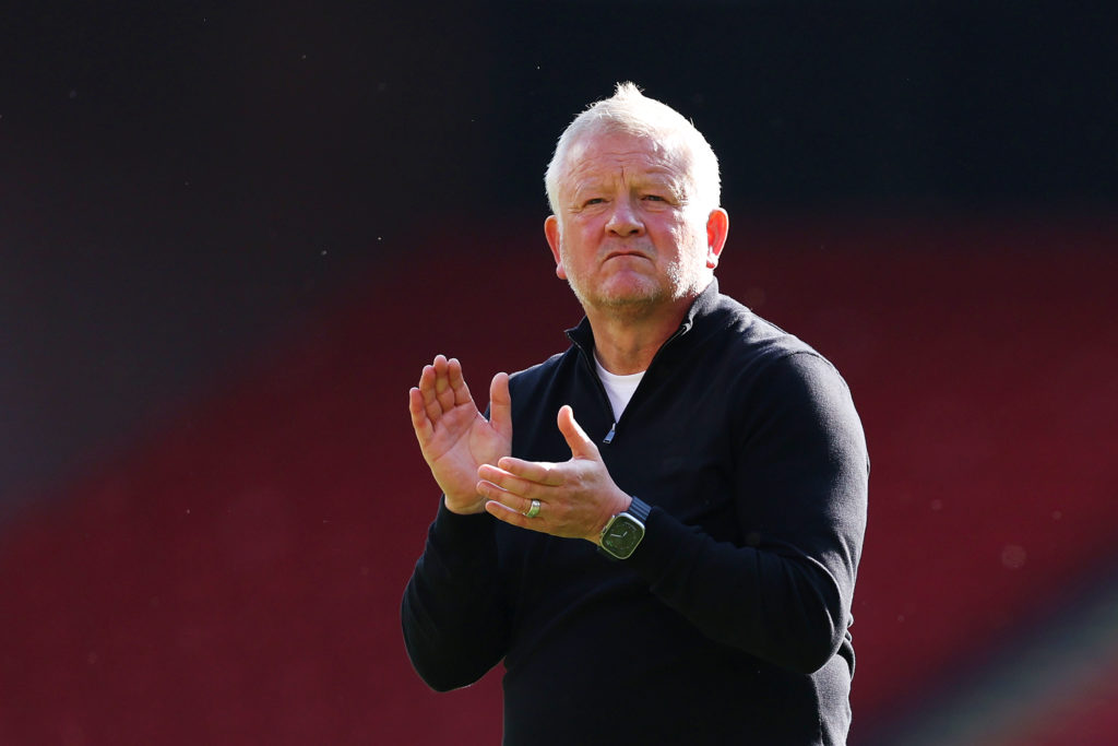 Chris Wilder, Manager of Sheffield United, applauds the fans