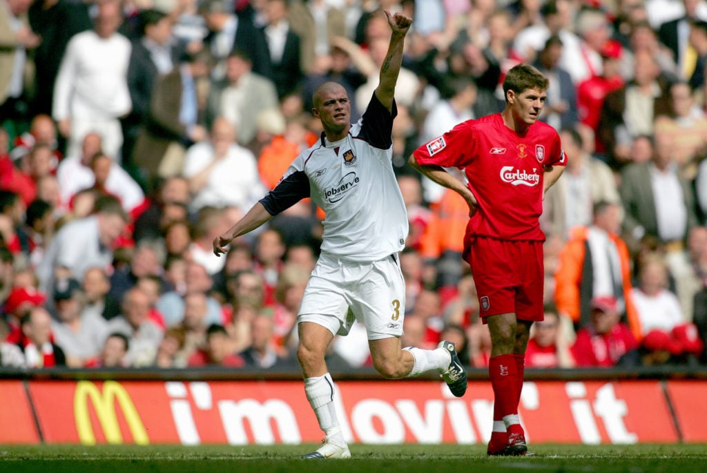 Paul Konchesky and Steven Gerrard during Liverpool V West Ham United, FA Cup Final