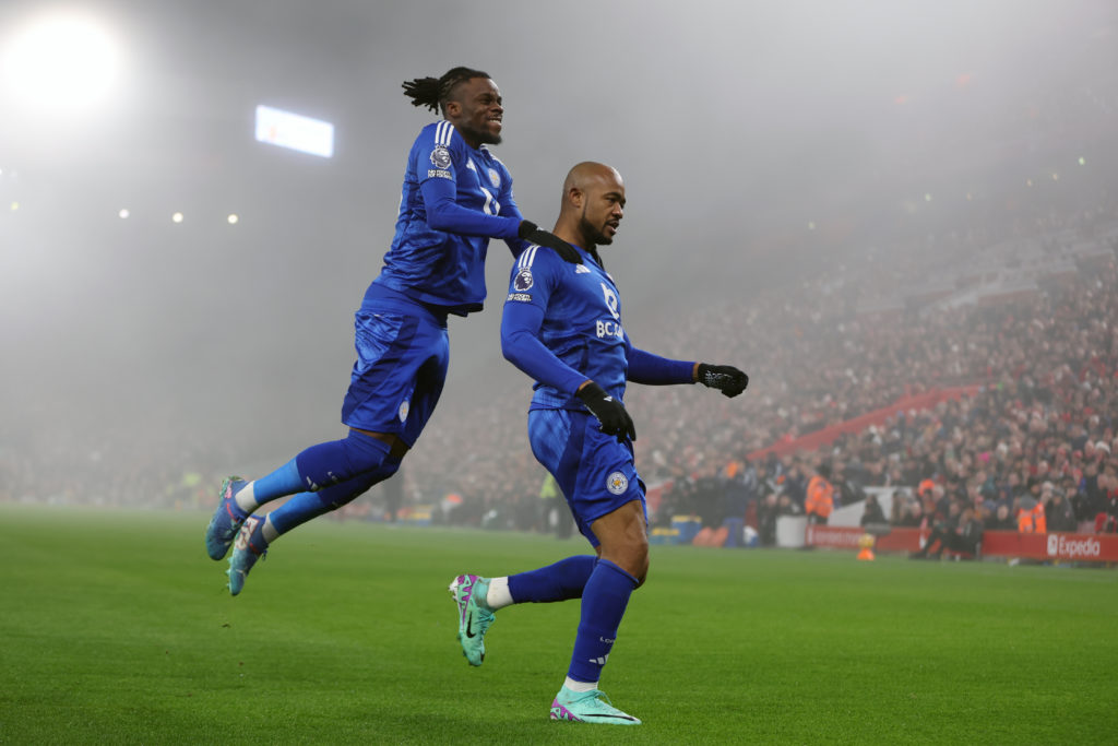 Jordan Ayew and Stephy Mavididi celebrate Leicester's opening goal vs Liverpool