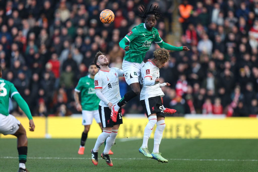 Harvey Elliott of Liverpool, Darko Gyabi of Plymouth Argyle and Trent Kone-Doherty of Liverpool