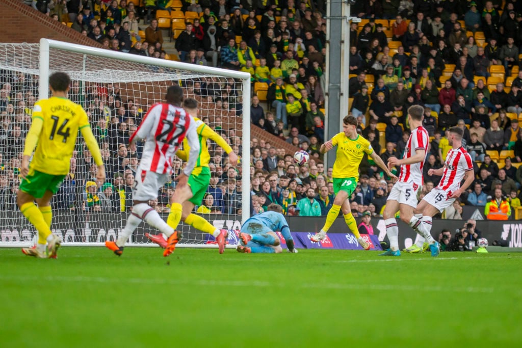 Oscar Schwartau scoring for Norwich City against Stoke City