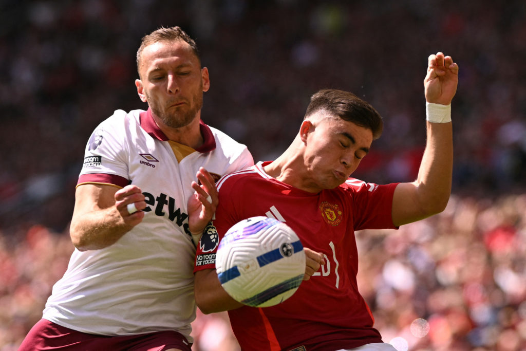 West Ham United's Czech defender #05 Vladimir Coufal (L) vies with Manchester United's English defender #41 Harry Amass (R)