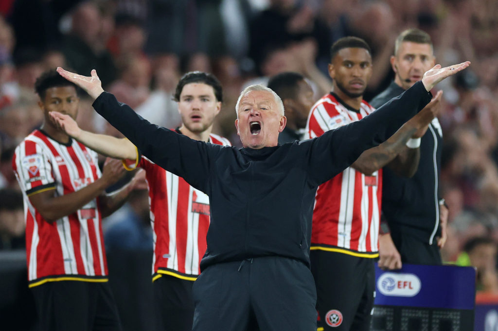 Chris Wilder, Manager of Sheffield United, reacts to a referee decision against Bristol City
