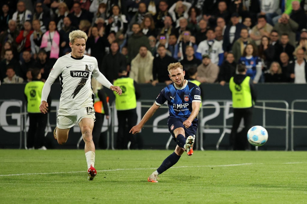 Leo Scienza of 1.FC Heidenheim 1846 scores his team's second goal during the Bundesliga playoffs second leg match between SV Elversberg and 1. FC Heidenheim