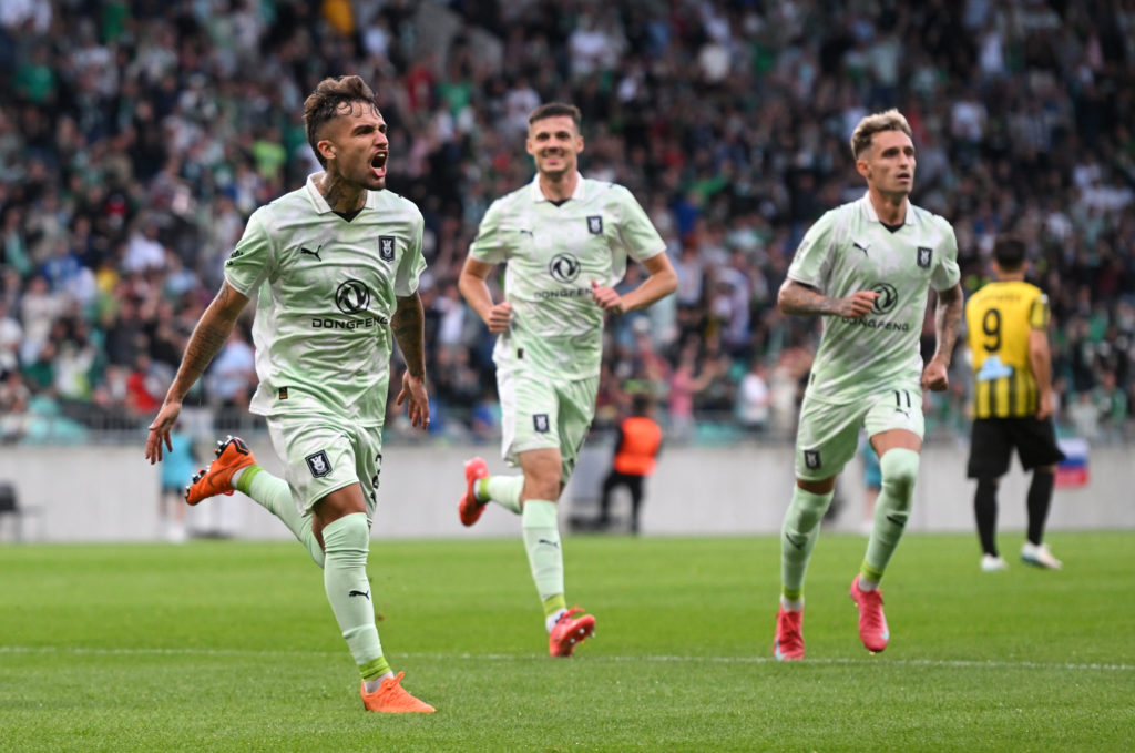 Diogo Pinto of NK Olimpija Ljubljana celebrates scoring his team's first goal during the UEFA Champions League 2025/26 first qualifying round .