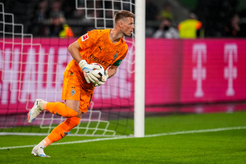 Borussia Monchengladbach goalkeeper Jonas Omlin runs with the ball during the pre-season friendly match between Borussia Monchengladbach and Valencia