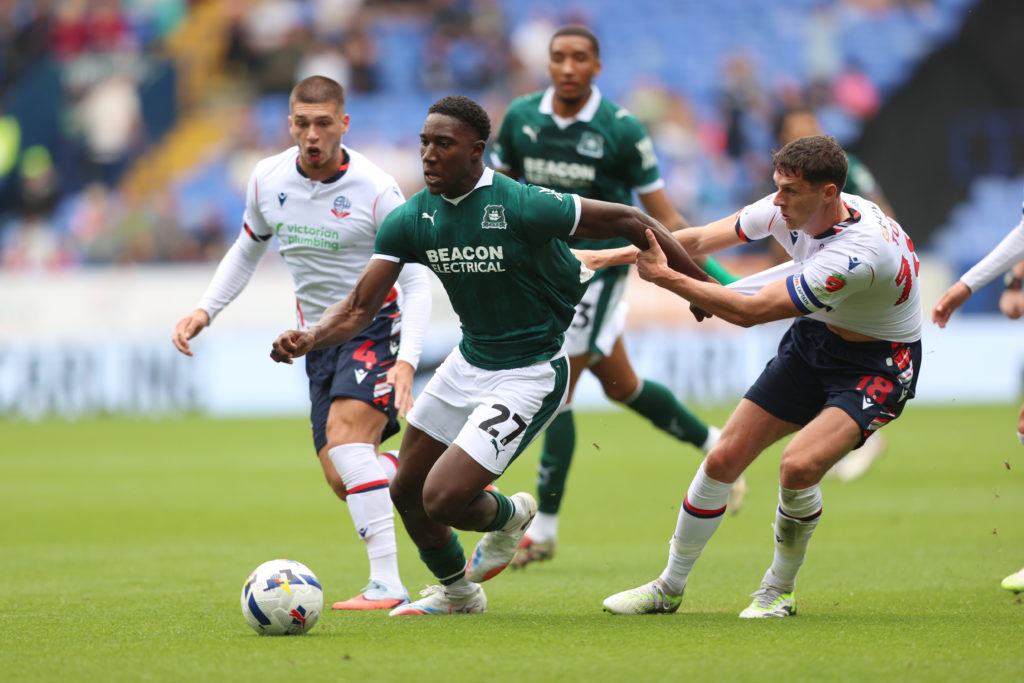Bim Pepple on the ball against Bolton Wanderers for Plymouth Argyle in the Sky Bet League One