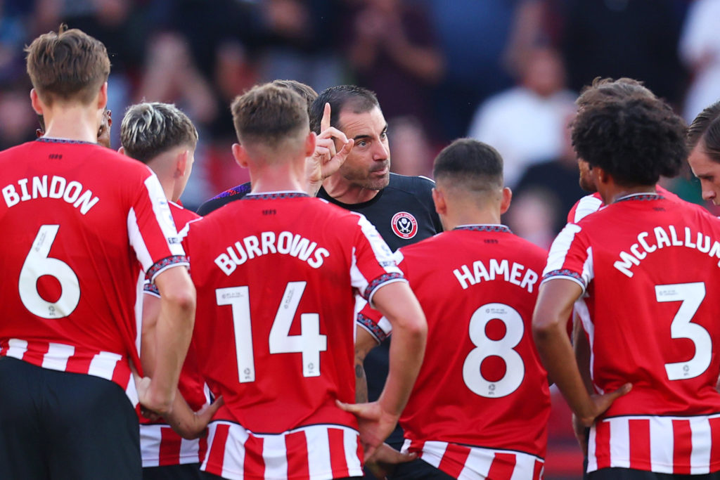 Ruben Selles, Manager of Sheffield United, talks to the team