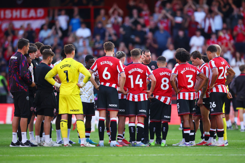 Ruben Selles, Manager of Sheffield United, talks to the team