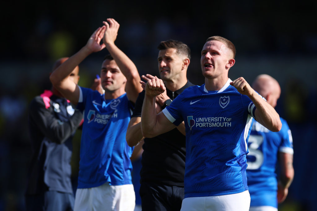 Coly Bishop and co celebrate after Oxford United v Portsmouth - Sky Bet Championship