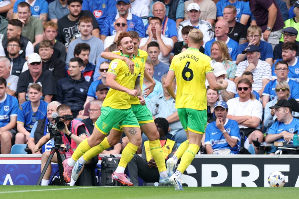 Josh Sargent celebrates a goal in Portsmouth v Norwich City - Sky Bet Championship