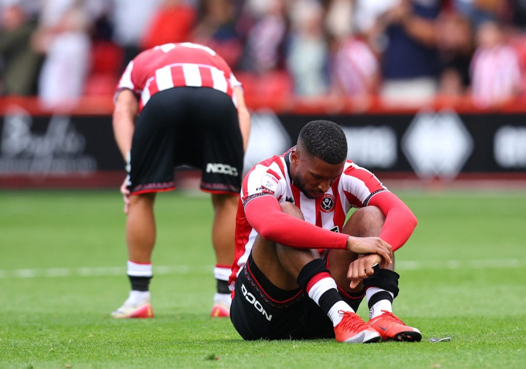 Tyrese Campbell of Sheffield United looks dejected