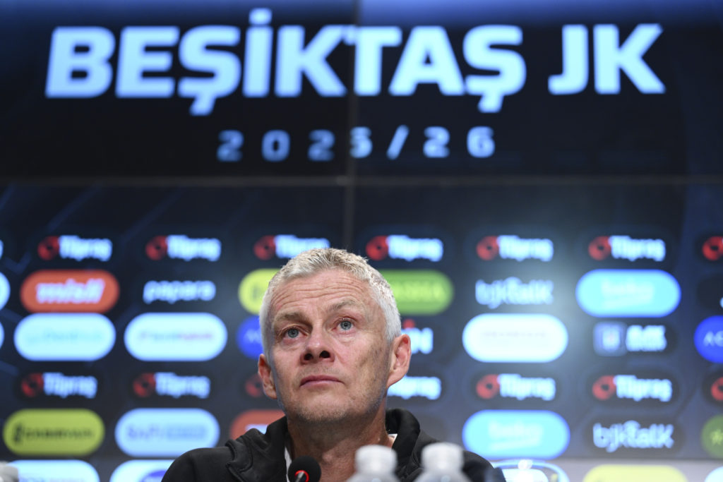 Ole Gunnar Solskjaer speaks during a press conference following the UEFA Conference League play-off second leg match between Besiktas and Lausanne