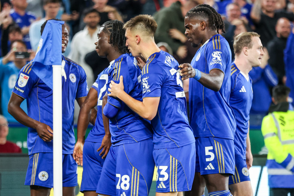 Leicester City players celebrate Ricardo Pereira's goal vs Birmingham City