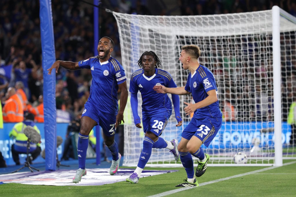 Ricardo Pereira celebrates with Luke Thomas and Jeremy Monga for Leicester City vs Birmingham City